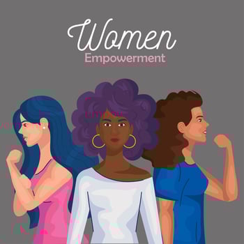 women empowerment with women cartoons from side doing muscle sign vector design