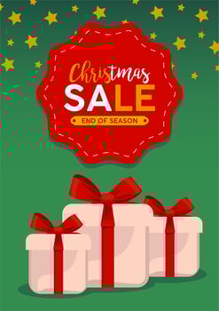 happy merry christmas sale lettering card with gifts and stars vector