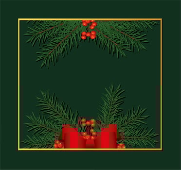 happy merry christmas golden square frame with bow and leafs vector