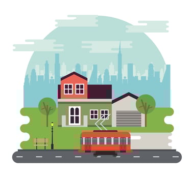 city life megalopolis cityscape scene with house and trolley car vector