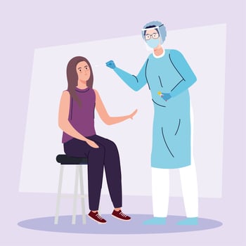 covid 19 virus test doctor and woman on chair vector design