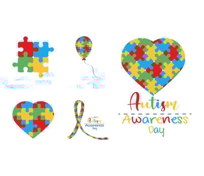 set autism awareness day icon set puzzles shaped heart ribbon balloon vector