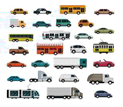 different vehicles city transport automobile service side view cars vector