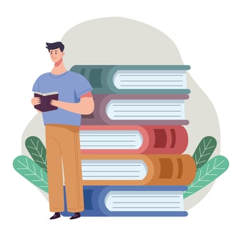 reader man reading book standing with pile books and leafs vector