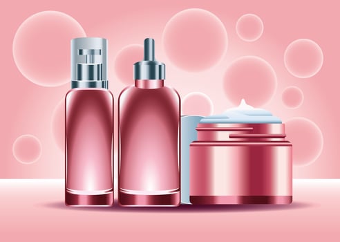 three skin care bottles products color red set icons vector