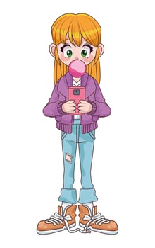 teenager girl using smartphone with Buble gum anime character vector