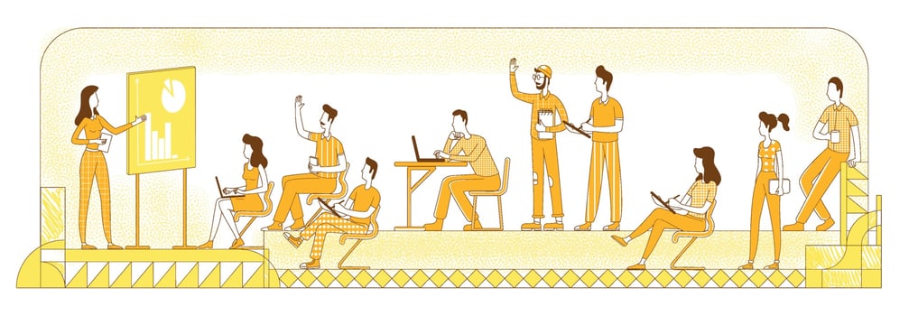 Business workshop flat silhouette vector illustration. Students and teacher with presentation, coworkers outline characters on yellow background. Corporate coaching, team briefing simple style drawing