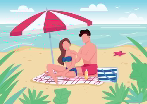 Couple applying sunblock lotion on beach flat color vector illustration