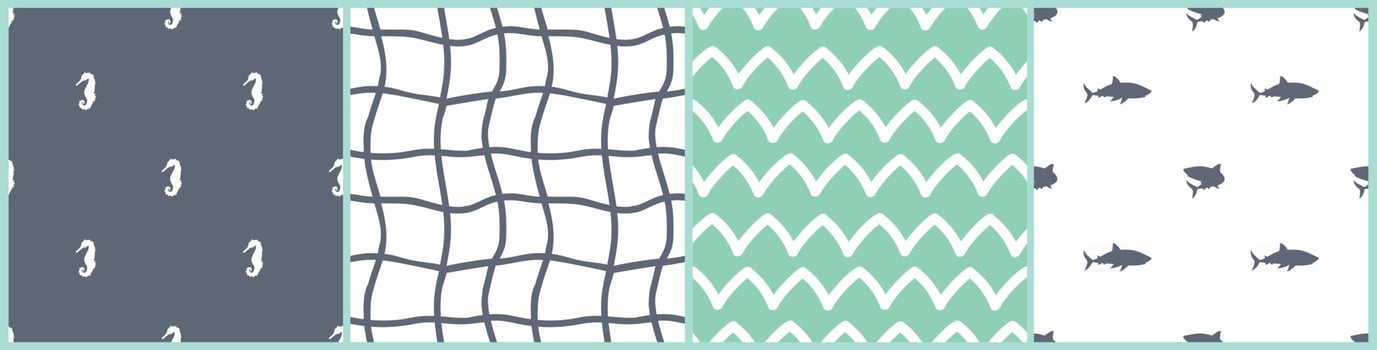 Sea horses sharks fishing net and waves seamless patterns Vector cartoon set of underwater ocean sea illustrations in blue green white colors