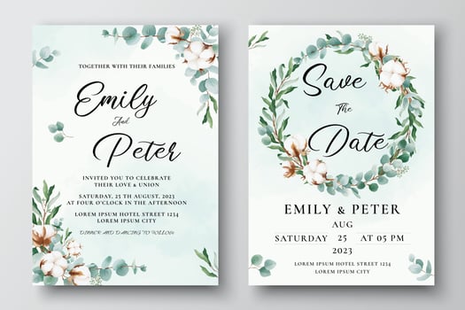 Wedding invitation template with cotton flowers eucalyptus leaves vector
