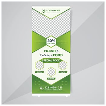 Food and restaurant rollup or x banner design template vector