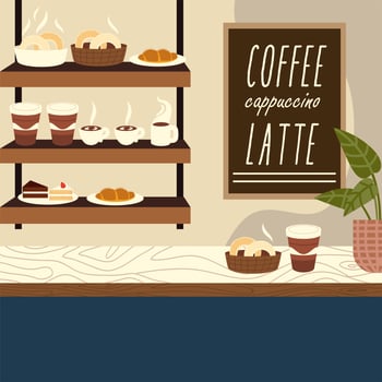 coffee shop cups cake donut croissant on counter vector