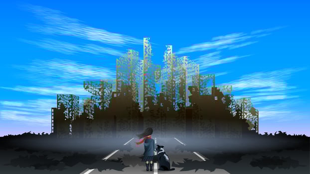 girl  apocalyptic destroyed city vector