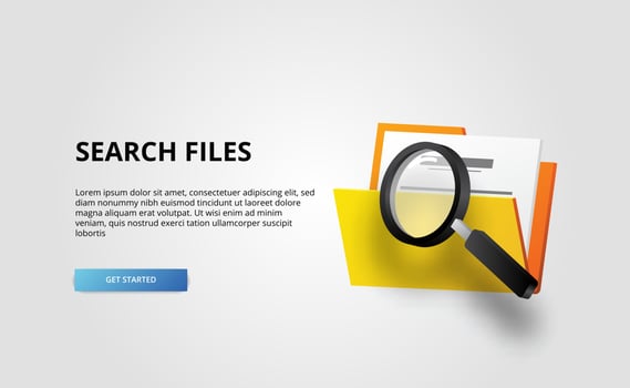 3d open folder contain file document with magnifying glass for auditing and analysis investigating and business with white background vector