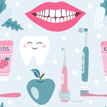 Dental care oral hygiene Chewing gum pasta snow white smile apple Vector seamless pattern on a blue background