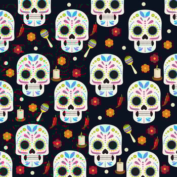dia de los muertos celebration poster with skulls heads and flowers group pattern vector