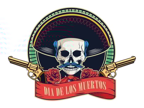 dia de los muertos poster with mariachi skull and guns crossed in ribbon frame vector