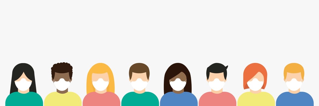 Men and women wearing medical masks standing together People group wearing surgical masks for prevention and safety vector