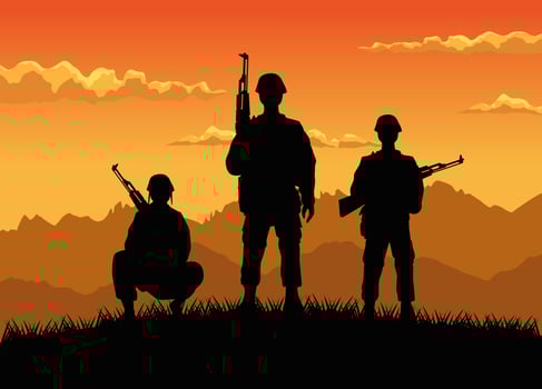 military soldiers with guns silhouettes figures sunset scene vector