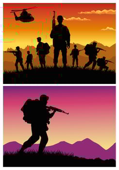 military soldiers with guns and helicopters silhouettes vector