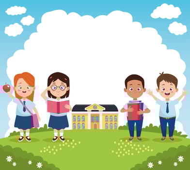 little students group with uniforms in the school characters vector