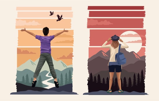 beautiful landscape with travelers couple scene vector