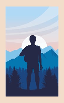 beautiful landscape with male traveler silhouette scene vector