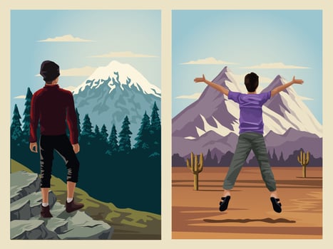 beautiful landscape with men travelers scene vector