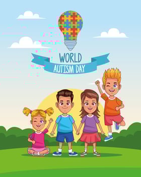 world autism day kids with puzzle bulb in landscape vector