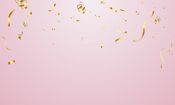 Celebration pink background template with confetti gold ribbons. Luxury greeting rich card. vector