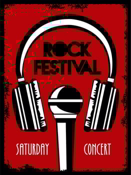 rock live festival lettering poster with headphones and microphone vector