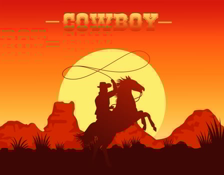 cowboy lettering in wild west scene with cowboy lassoing in horse vector