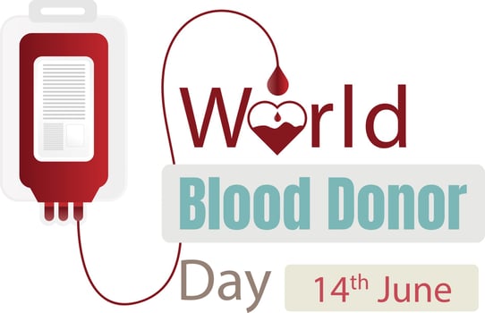 World Blood Donor Day with blood bag dripping over a heart giving it life vector