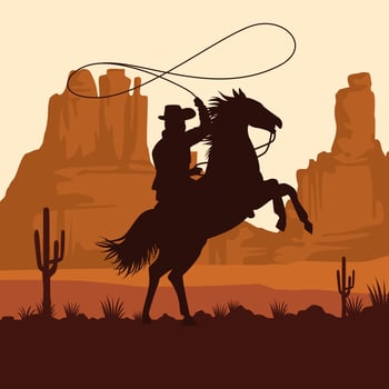 cowboy figure silhouette in horse lassoing in the sunset landscape scene vector