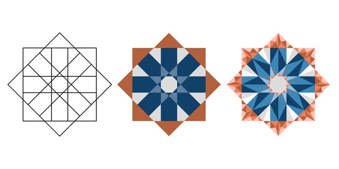 Linear and flat and polygonal oriental geometric blue brown kaleidoscope vector