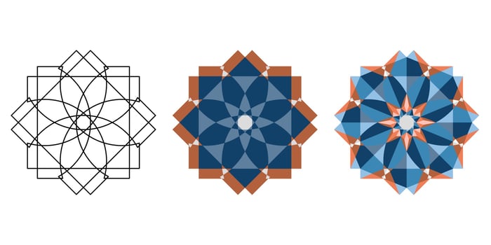 Linear and flat and polygonal oriental geometric blue brown kaleidoscope vector