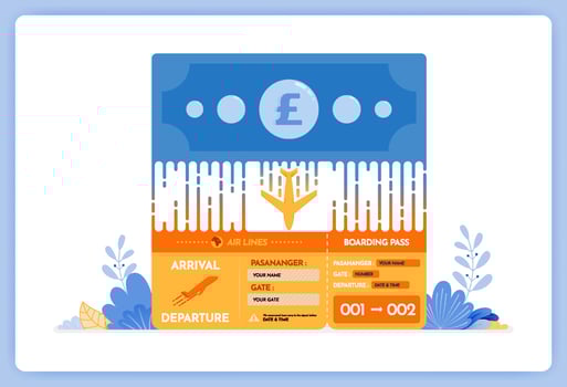 vector illustration of local transaction flight ticket purchase in foreign currency