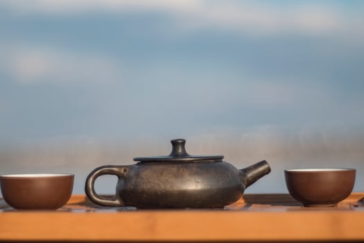 Vintage chinese set with black tea ceremony yixing teapot on green background photo