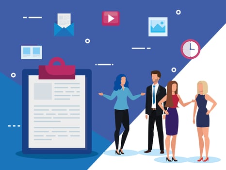 group of business people with clipboard and icons vector