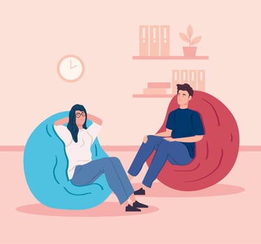 couple sitting in soft pouf inside house scene vector