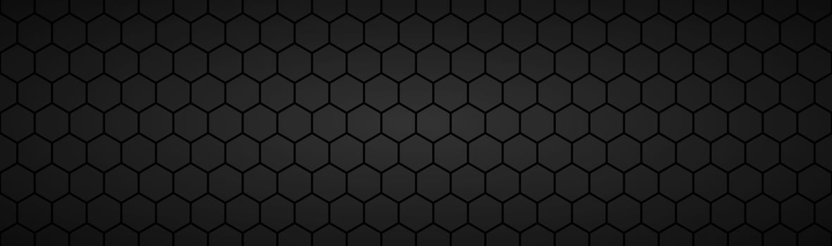 Abstract dark black geometric hexagonal mesh material header Metallic technology banner with blank space for your logo Vector abstract widescreen background