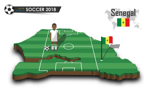 Senegal national soccer team  Football player and flag on 3d design country map  isolated background  Vector for international world championship tournament 2018 concept