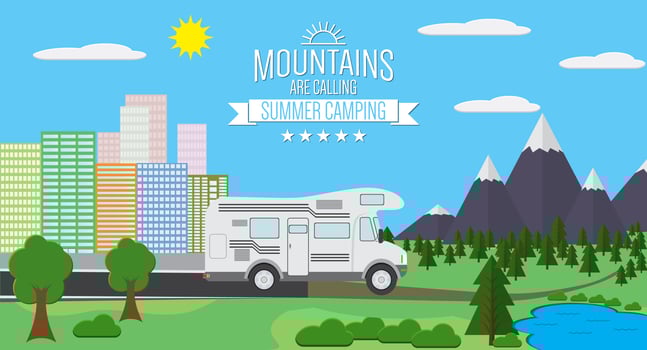 City and Mountains with forest and lake landscape flat vector illustration, concept for holiday and vacation, camping and hiking, outdoor adventure, with RV