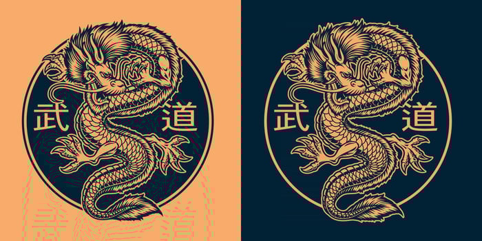 A black and orange illustration of an Asian dragon vector