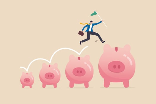 Investment and savings growth salary or profit increase making more money and collect more wealth concept business man jumping from small piggy bank to bigger profit to achieve financial goal vector