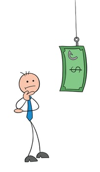 Stickman Businessman Character Confused About Fishing Rod and Dollar Money Bait Vector Cartoon Illustration
