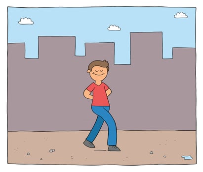 Cartoon Man Walks Alone on the Empty Street and is Happy Vector Illustration