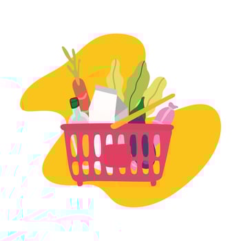 groceries in plastic basket block style vector