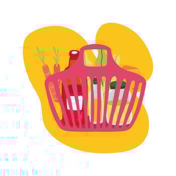 groceries in plastic basket block style vector