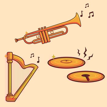 Vector Set Of Gold Music Instruments. Trumpet, Harp, And Cymbals Illustration